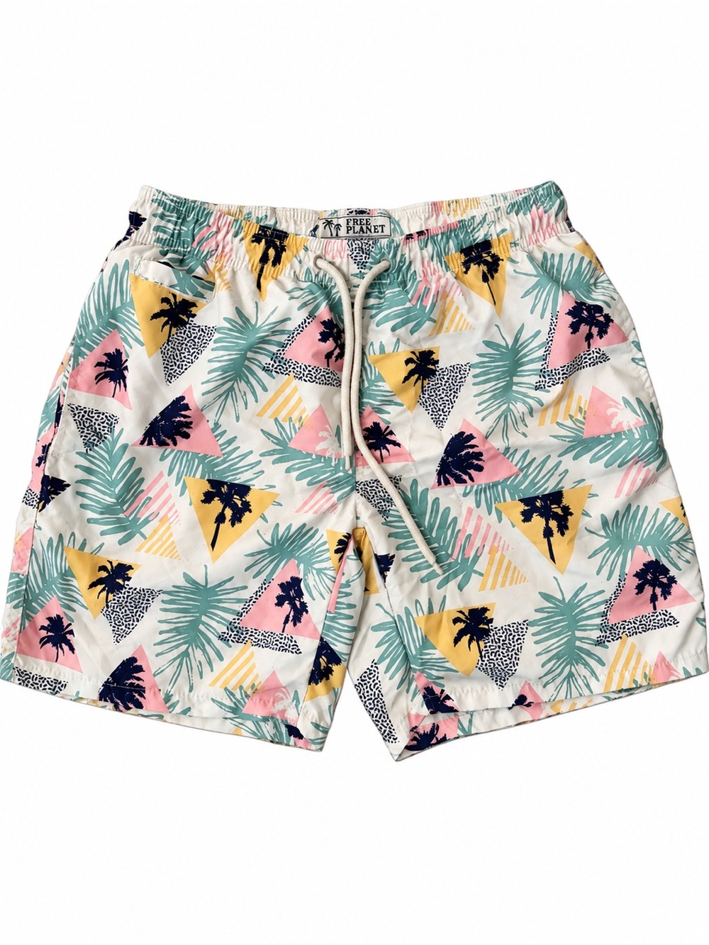 Free Planet Men's White Swim Trunks with Pink, Yellow & Teal Tropical Print